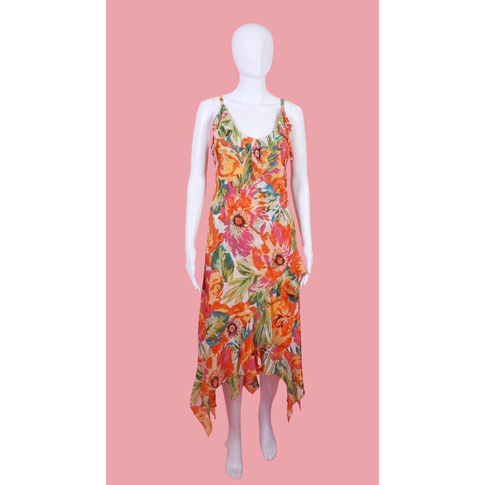 Y2K BANDOLINO Petite Layered  Floral Print Ruffle ASYMMETRICAL Slip Dress. M-L